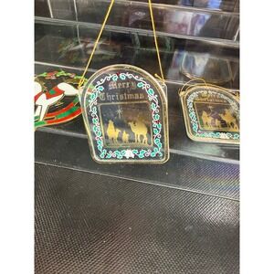 Vintage Christmas Suncatcher Ornaments Set Rocking Horse & Nativity Scene Gold